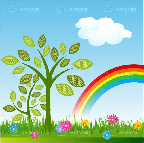 Illustrated Natural Background with Rainbow